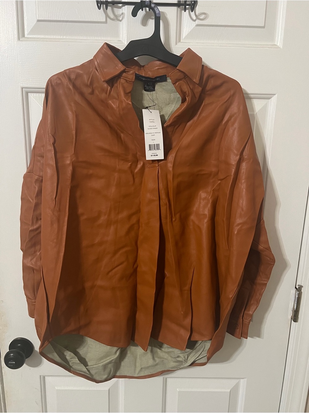 NWT French Connection Womens L Crolenda PU Popover Shirt Brown Faux Leather Edgy